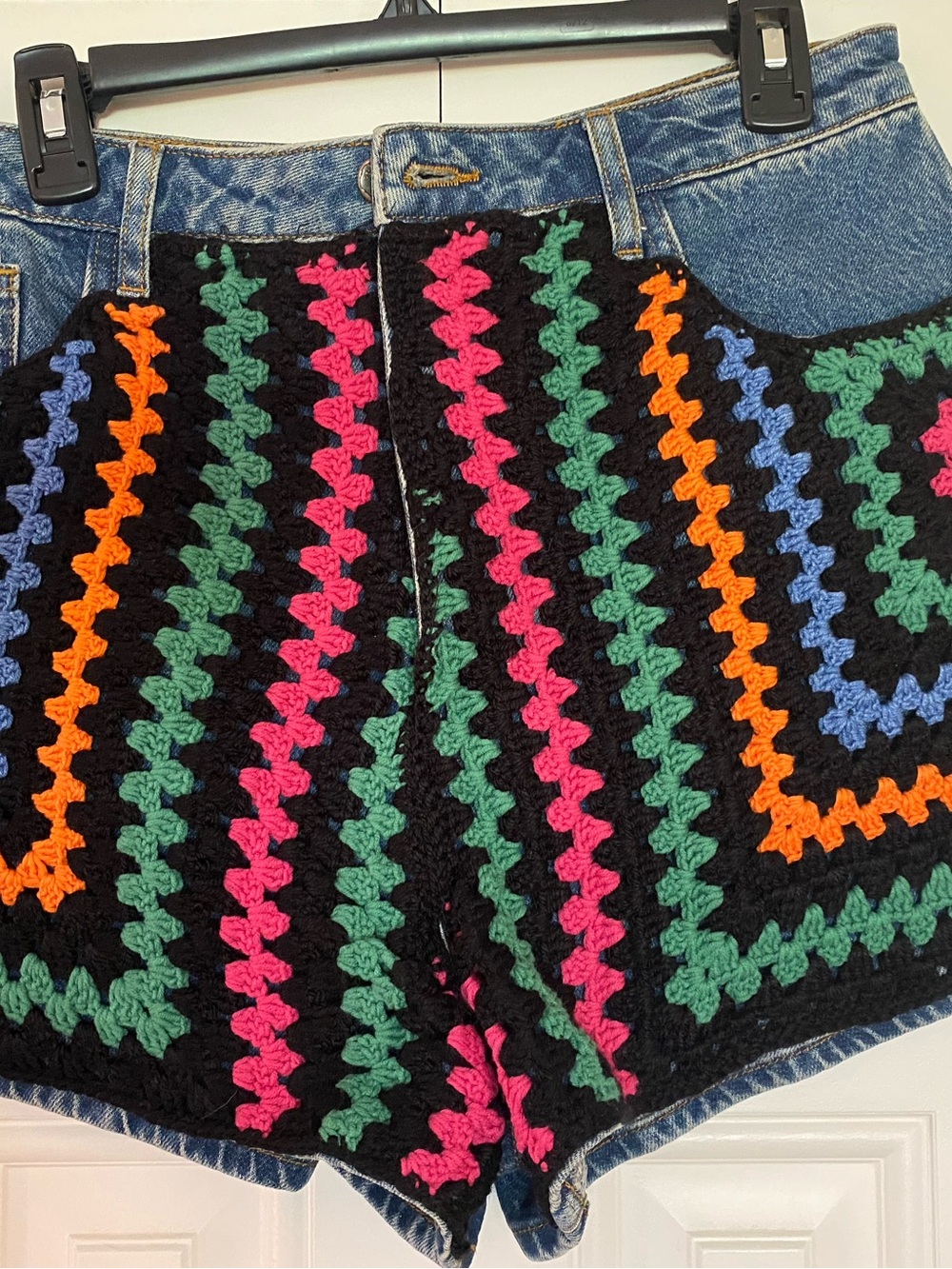 FARM Rio Crochet-Panel Denim Shorts in Black with Green, Pink, Orange, Blue - Picture 4 of 11